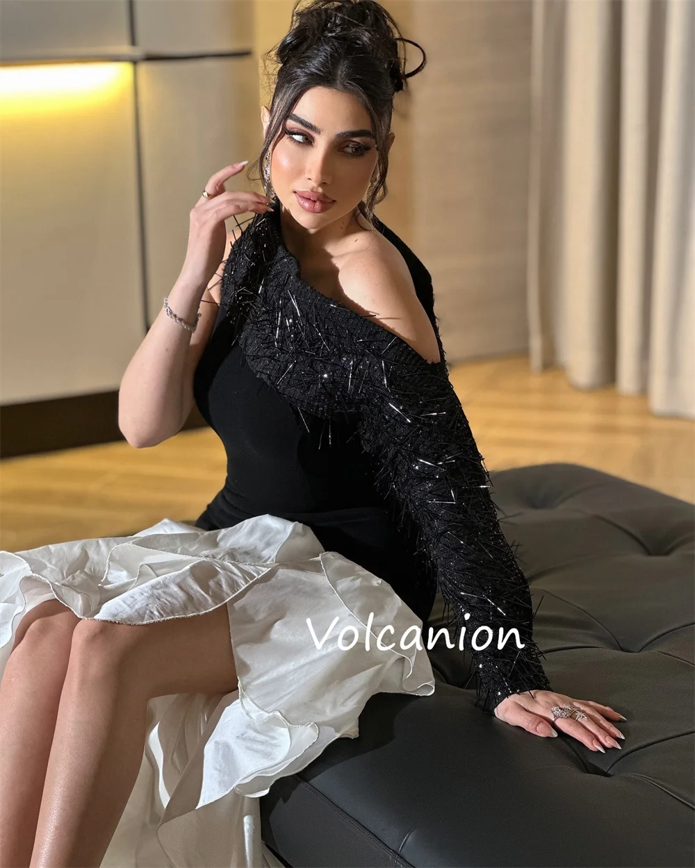 Customized Pastrol Charmeuse Pleat Sequined A-line Off-the-shoulder Midi Dresses Bespoke Occasion Exquisite