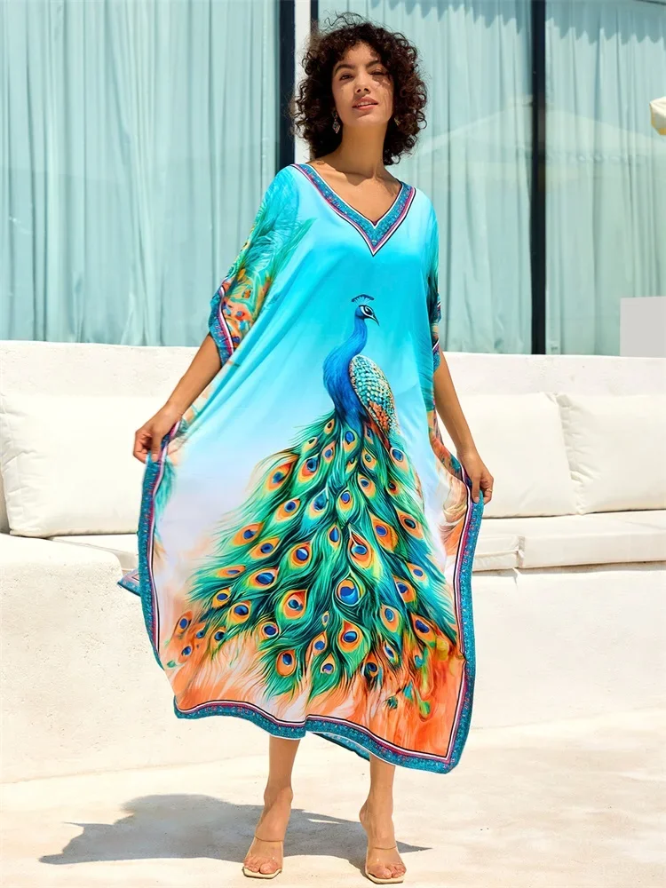 2024 frauen Drucken Böhmischen entspannt Kaftan Beachwear Pfau Outfit Badeanzug Cover Up Urlaub Boho Sommer Kleid Robe Q1674