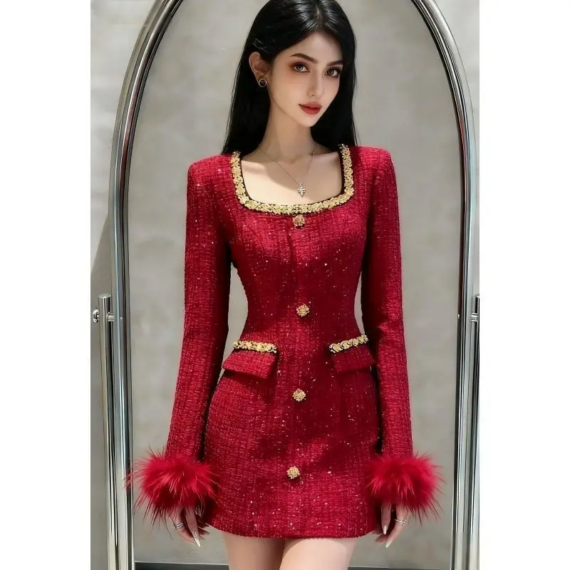 

Корейское модное винтажное элегантное твидовое платье-принцесса для женщин, милое облегающее платье с квадратным вырезом и стразами, японское красное мини-платье для вечеринок