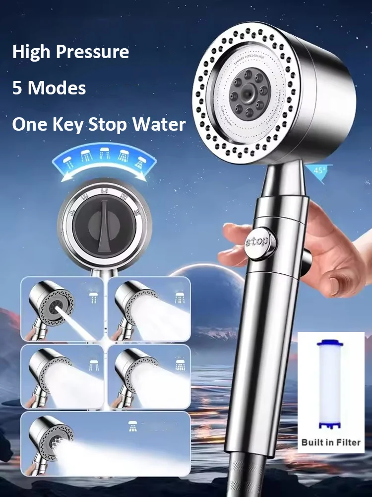 Nuevo cabezal de ducha presurizado de 5 modos con filtro, botón de parada, boquillas de pulverización que ahorran agua, cabezal de ducha de gran potencia, accesorios de baño