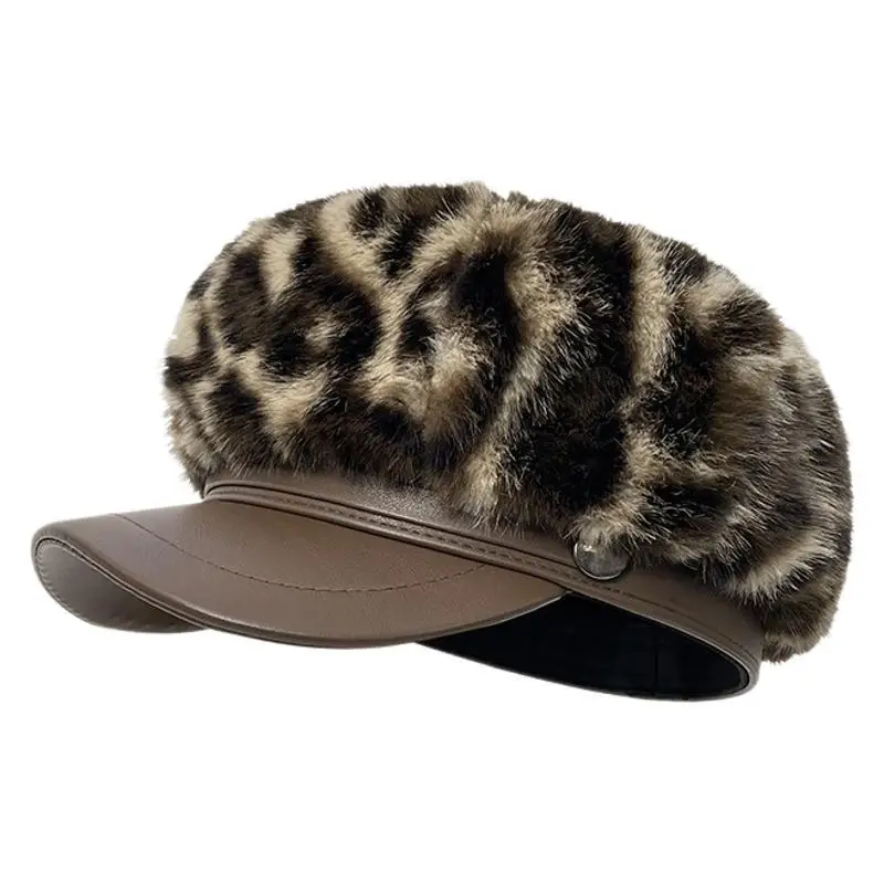 Hats Women Warm Fashion Made Mohair Fur Leopard Patterned Octagonal Hat Imitating Mink Fur Beret painter's Hat 4m714