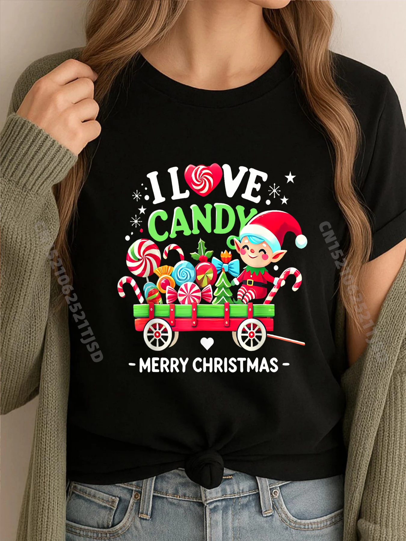 

Симпатичная рождественская мужская футболка высокого качества I Love Candy Elf Wagon Holiday 3777, Camisetas
