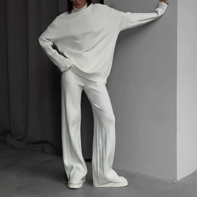 REALEFT 2025 Autumn Winter 2 Pieces Women's Sets Knitted Tracksuit Turtleneck Sweater and Straight Jogging Pant Suits Outfits