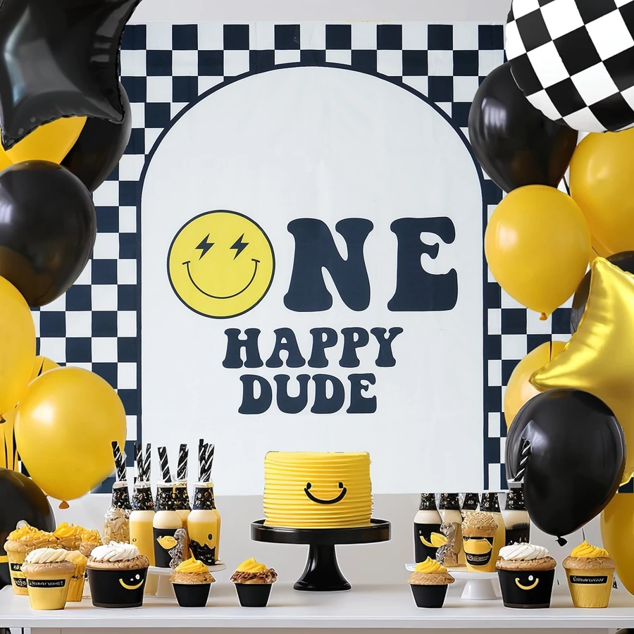 One Happy Dude Birthday Decorations, One Cool Dude 1st Party Decor Banner Highchair Banner Cutout Crown Black Yellow Smile Face