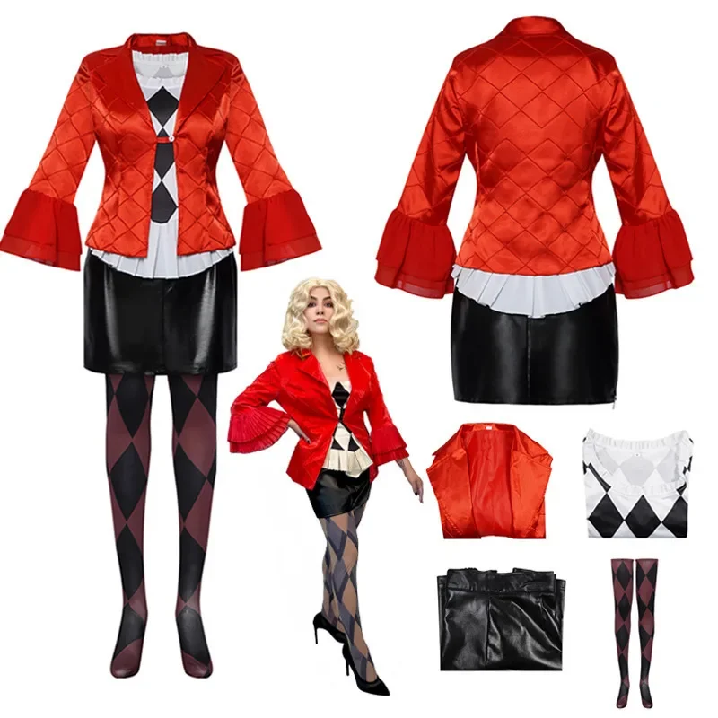 Costume ultraviolet Cosplay pour femme, film Joker, chemise Harley Parka, jupe, veste rouge, manteau, fête d'Halloween