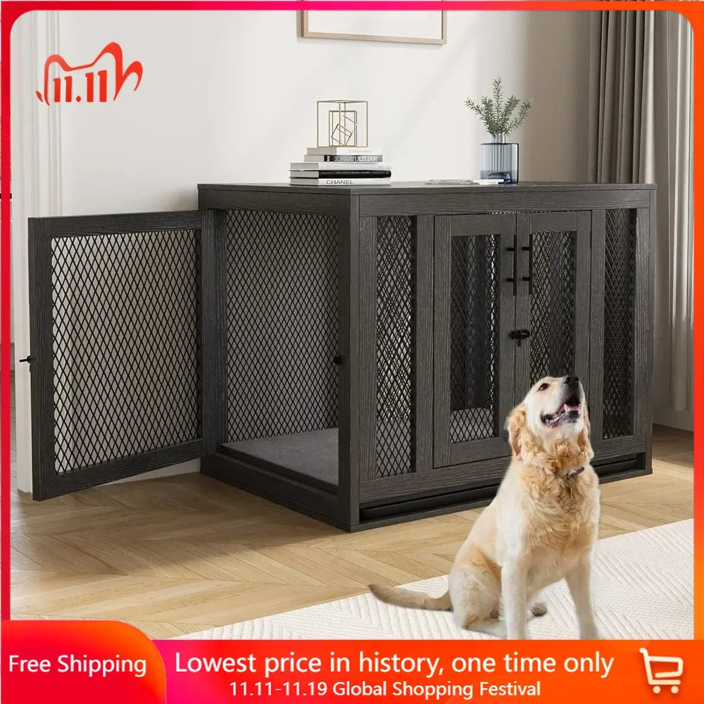 

Dog Crate with Tray and Cushion, Double Doors Wooden Dog Kennel End Table, Decorative Pet Crate House Cage Indoor