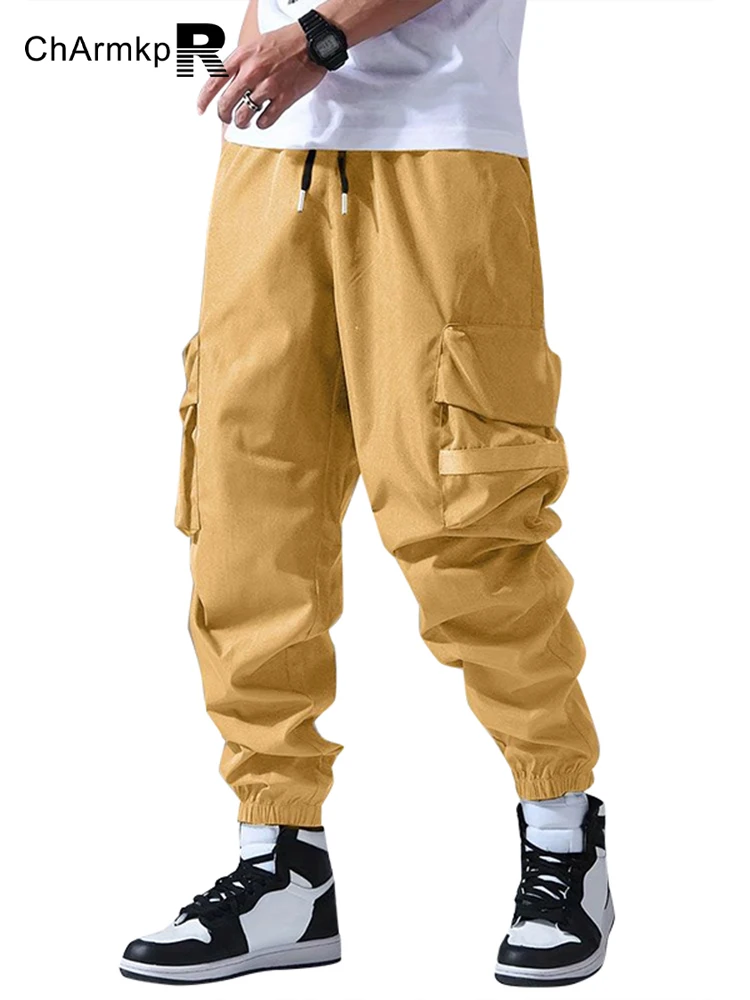 

Summer ChArmkpR Men Clothing Casual Long Pants Solid Side Pocket Casual Drawstring Waist Cargo Pant Streetwear Sweatpant Trouser