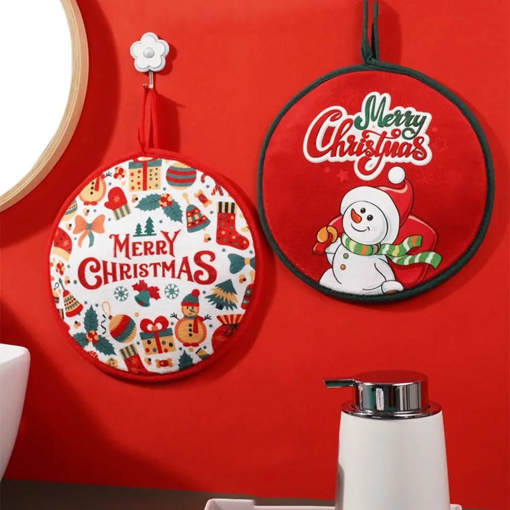 Creative Christmas Hand Towel Thick Coral Fleece Christmas Ornaments Cartoon Hanging Towel Strong Absorbent Round Shaped