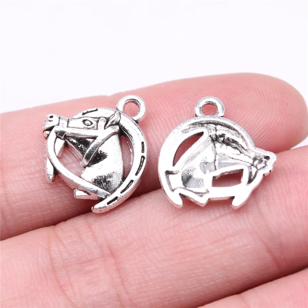 WYSIWYG 20pcs 17x15mm Lucky Horse Shoe Horse Head Charm Antique Silver Color Antique Bronze Color Pendant For Jewelry Making DIY