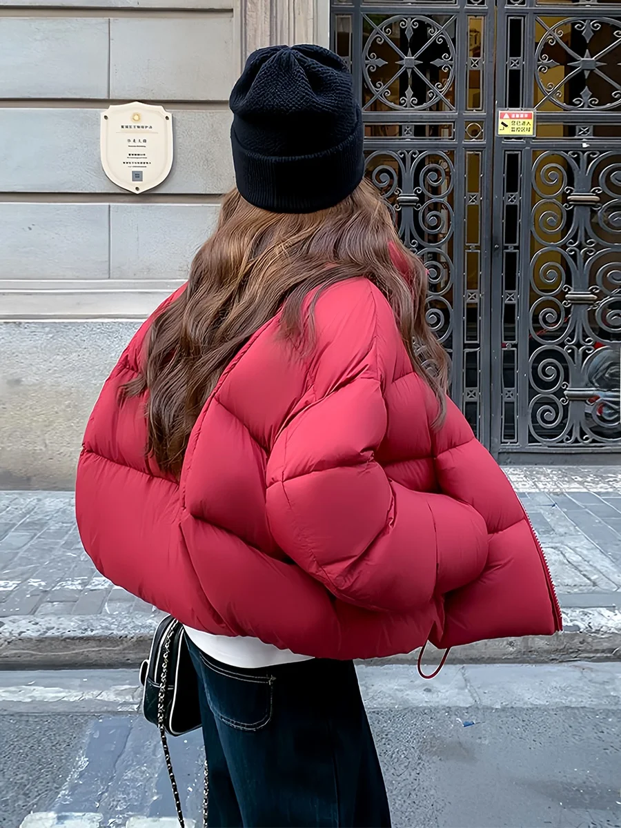 Rojo ort Puffer Jaet mujer 2025 invierno tamaño pequeño 90 blanco Du abajo ropa de abrigo cálida y esponjosa cuello levantado sensación de burbuja