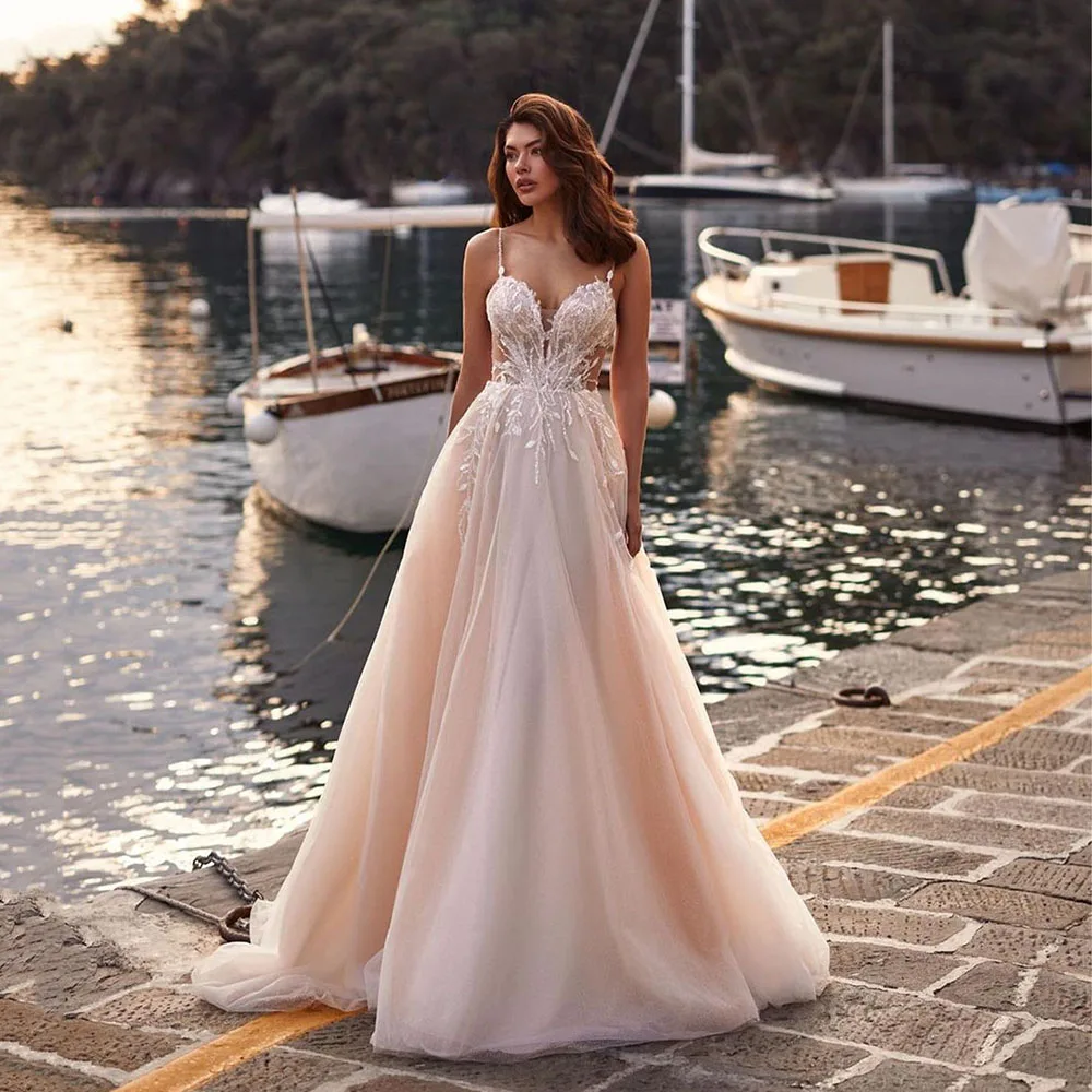 

SoDigne Champagne Wedding Dresses 2024 Spaghetti Strap Sweetheart Lace Appliques Bride Wedding Gowns Backless Boho Bridal Dress