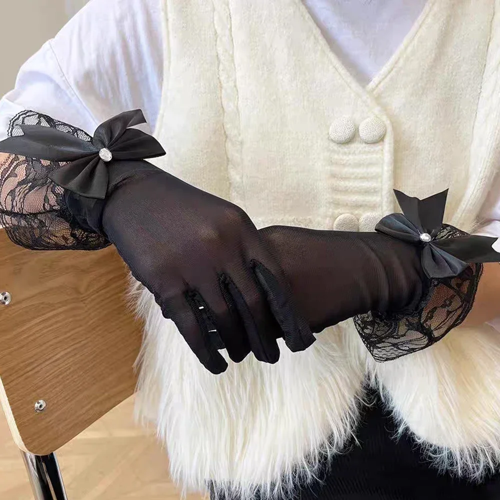 1 Pair Bow Lace Floral Gloves Women Summer Uv-Proof Driving Gloves Bride Wedding Lace Mittens Full Finger Girls Gloves