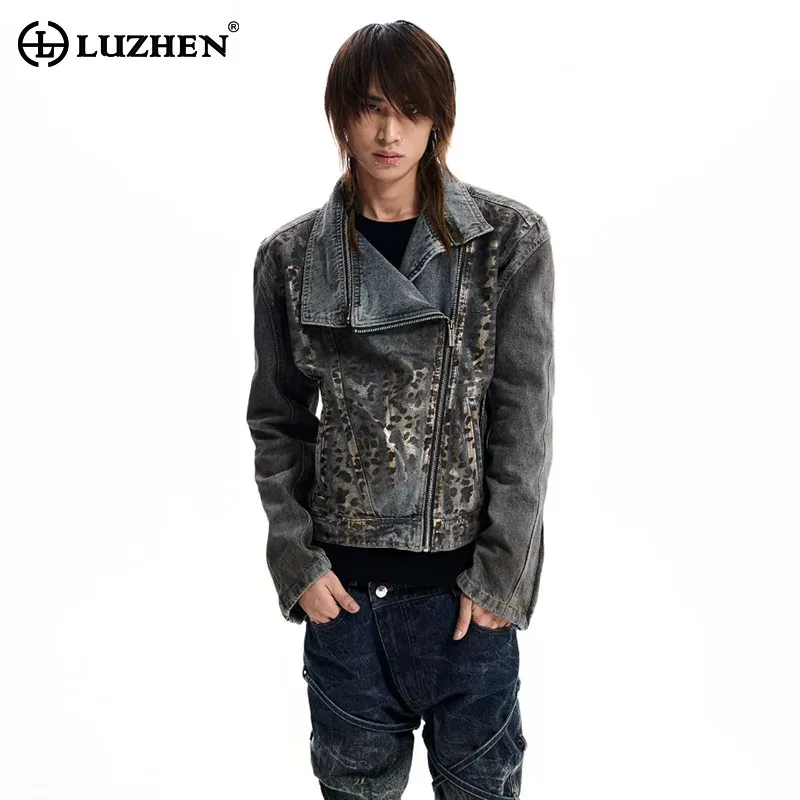 LUZHEN 2026 New Leopard Print Cross Zipper Placket High Quality Denim Jacket Men's Fashion Handsome Street Tie-dyed Coat JY9075