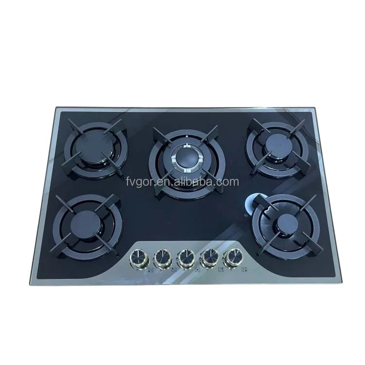 Popular Model Built-in 5 Burner Tempered Glass Natural Commercial Cooktop Electronic Ignition Flameout Protection Gas Hobs