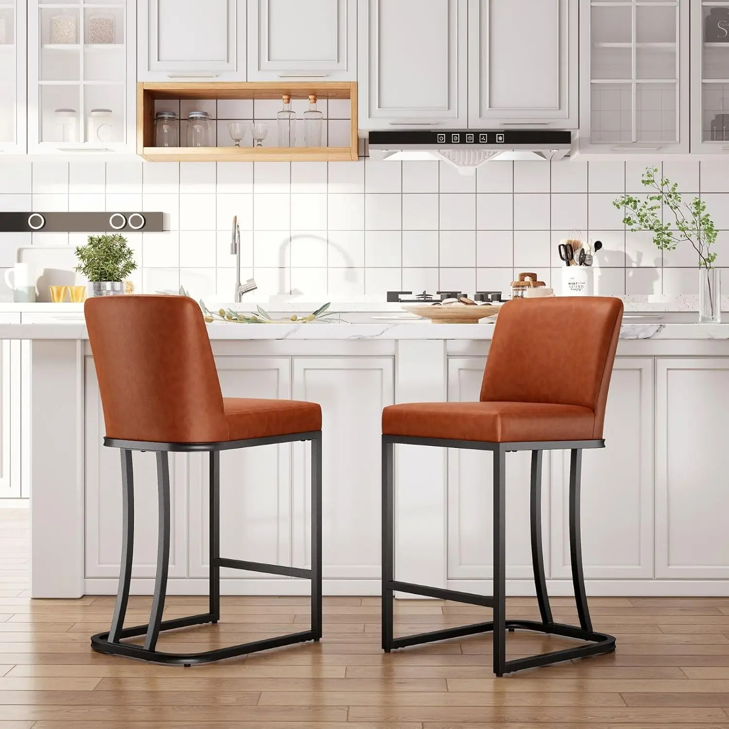 

24in PU Leather Bar Stools With Backrest, Upholstered Counter Height, Chromed Metal Frame, Kitchen Island, Set Of 2, Customized