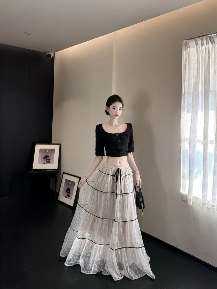 

Модный черный кружевной комплект: юбка миди и топ без рукавов, женский весенний костюм из двух предметов с тяжелой вышивкой, высокая талия, цветной