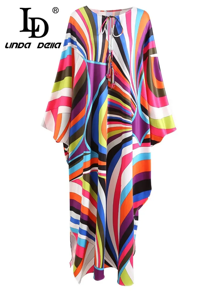 

LD LINDA DELLA New Style Bohemia Casual Dresses Women's Round Neck Lacing knot Striped Print Irregularity Loose Draped Dress