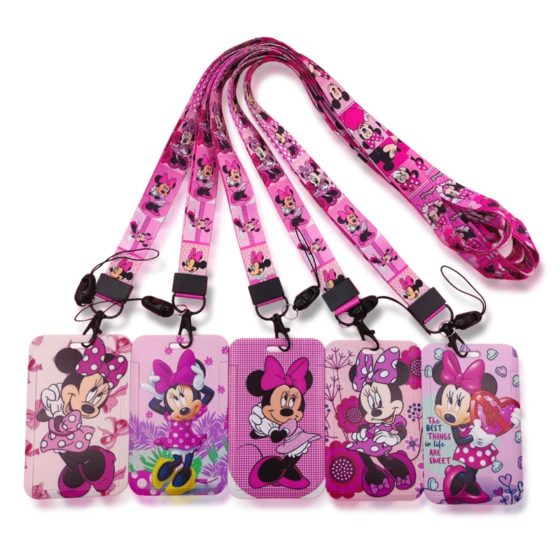 Disney Pink Lanyard ID Badge Holder Mickey Credit Card Case Neck Strap Minnie Card Holders Girl Credentials Accessories Keychain