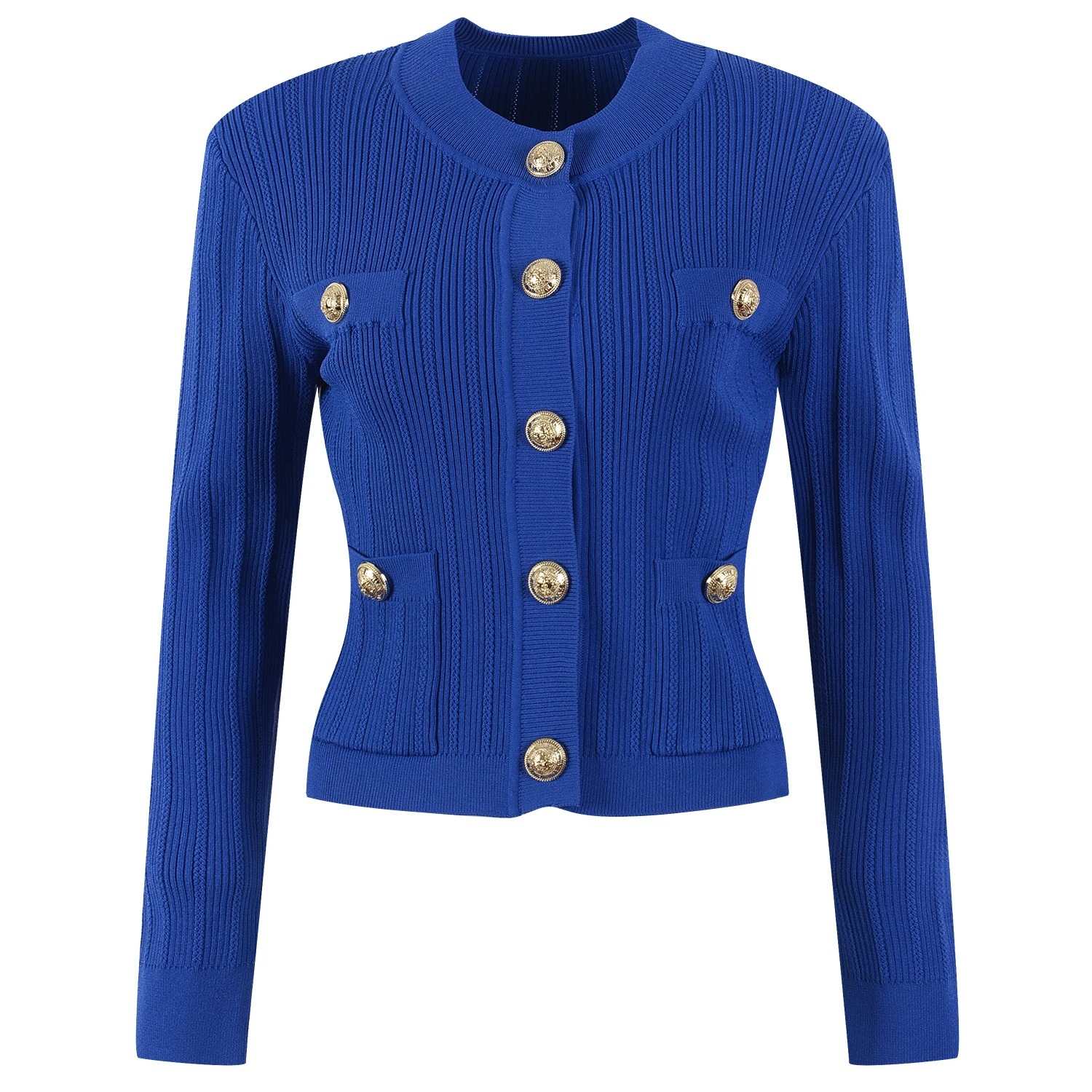 

Высококачественный парижский винтажный синий вязаный кардиган, женский облегающий топ с золотыми пуговицами, повседневная ткань из ледяного шелка