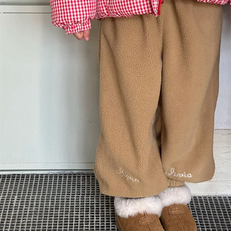 Children Clothing Lamb Wool Embroidery Sweatpants 2024 Autumn Winter New Boys Girls Thick Casual Pants Loose Comfortable Pants