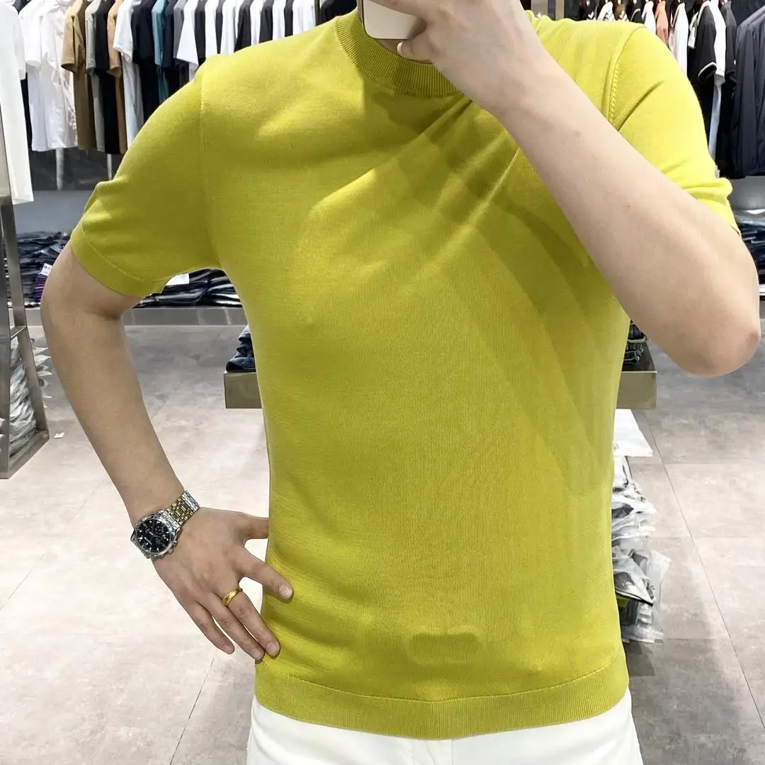 

Мужская трикотажная футболка Slim Fit с коротким рукавом, осень 2024: комфортная, эластичная, однотонная, легкая, тонкая