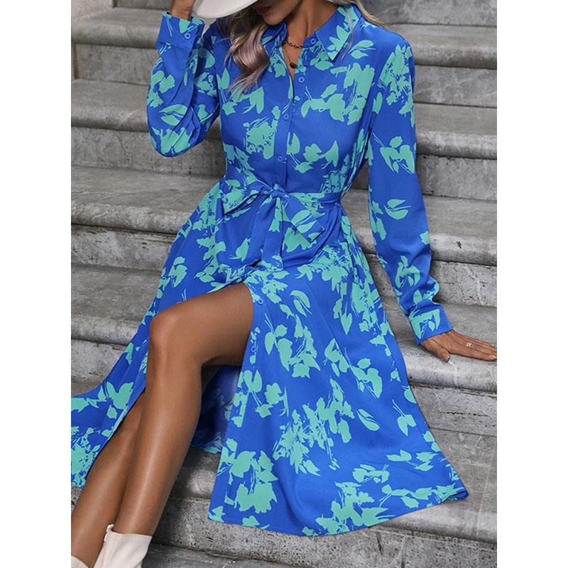 Krisnanas Fashion Women's Printed Split-Joint Tied Waist Long Sleeves Loose Lapel Shirt Dress Banquet Party Midi Dresses