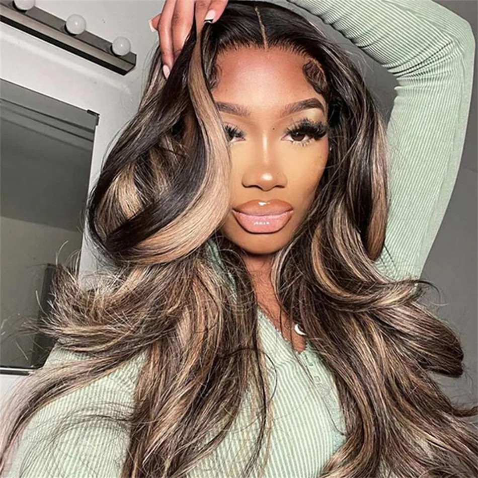 

Ombre Highlight 1B/27 Transparent Lace Front Wig Pre Plucked With Baby Hair Body Wave Wig 13x4 Lace Frontal Wigs 180% Density