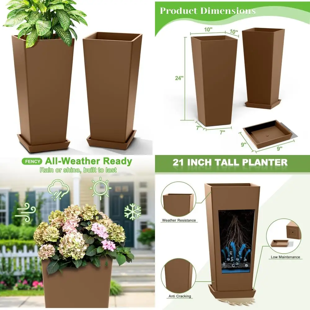 

Outdoor Tall Planters Set of 2, 24 Inch Large Tapered Pots with Drainage for Weather-Resistant Plastic Plants, Suitable for Outd