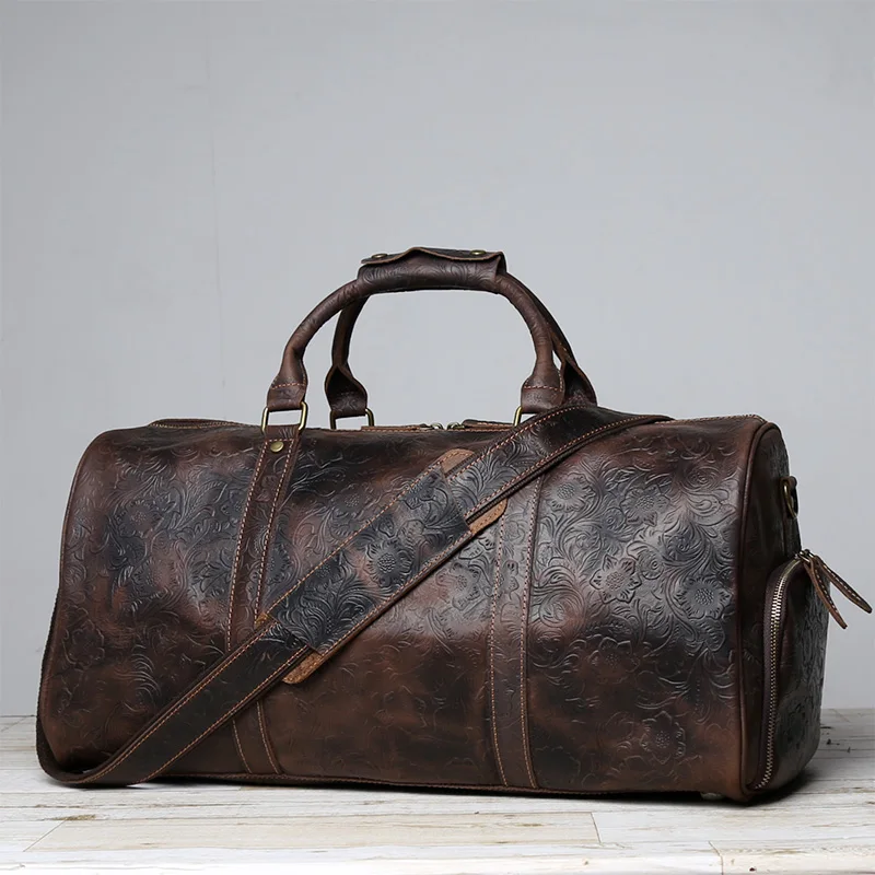 Vintage Embossed Tote High-Capacity Leather For A Short Trip Baotou Leather Belt Shoe Compartment Clothes Duffel Bag Gym Bag