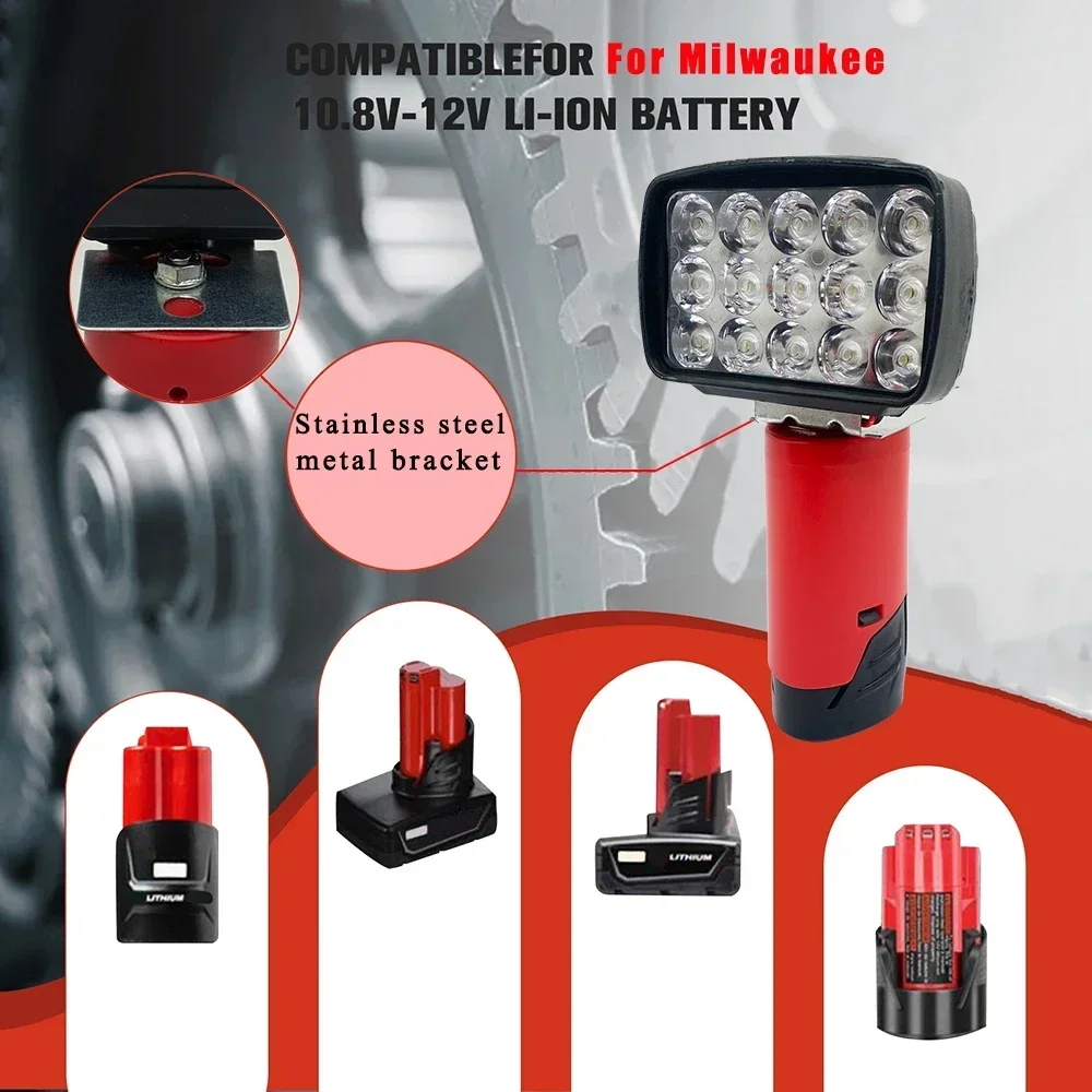 15 cuentas LED luces de trabajo linterna foco antorcha para Milwaukee para M12 12V Li-ion batería 48-11-2420 lámparas de Camping al aire libre