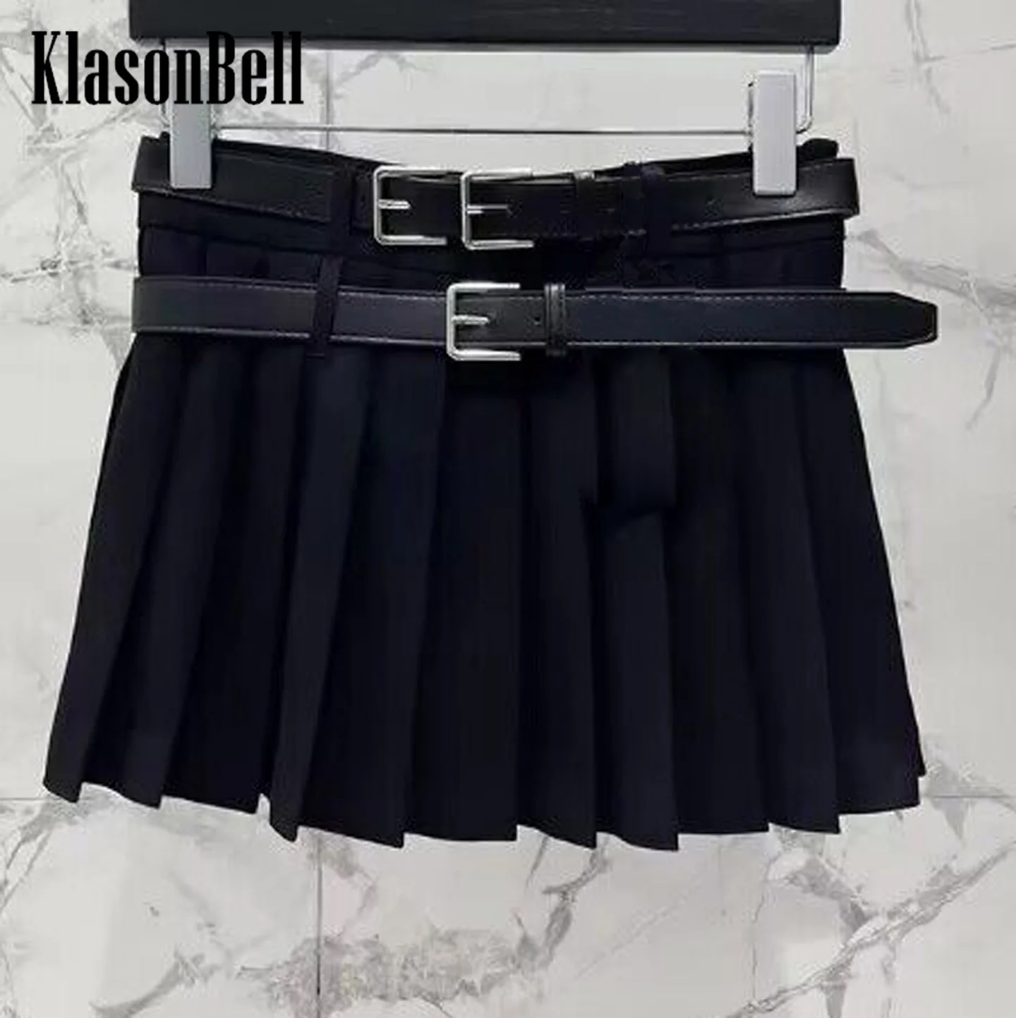 8.6 KlasonBell Women Fashion Streetwear Double Buckle Sashes Decoration Long Split Pleated Skirt Sweet All-matches Short Skirt