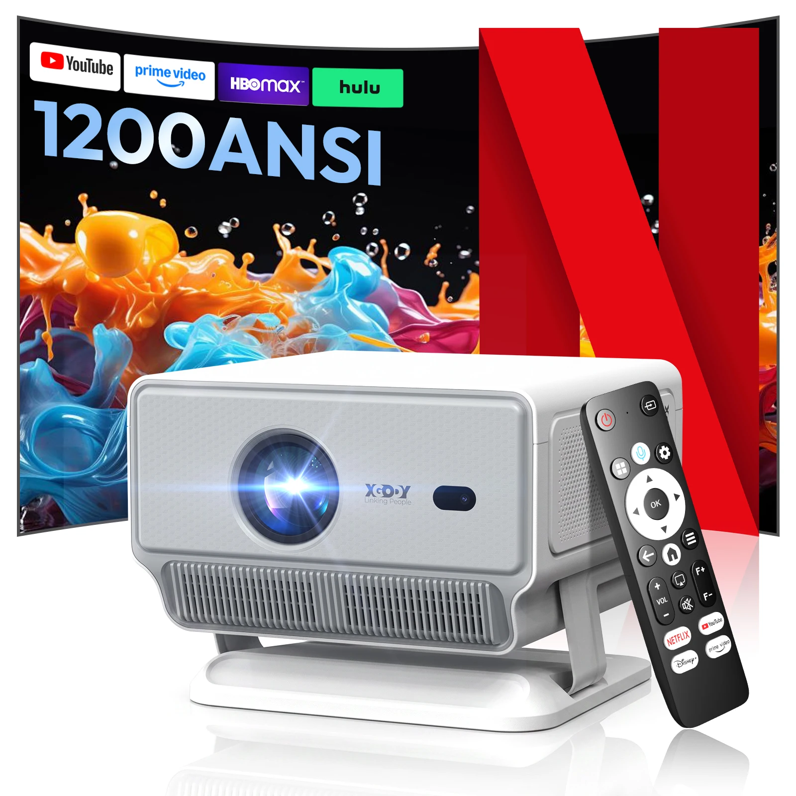 XGODY 1200 ANSI Business 4K Projector 4K Beamer Whale OS Netflix Officially licensed AI Autofocus 6D Keystone Correction Native 1080p Resolution Office, Education, Meetings, Home Theater, Outdoor