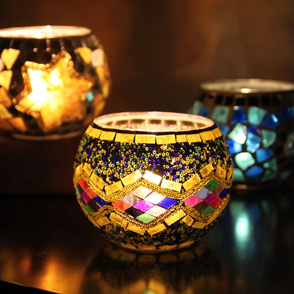 Moroccan Style Mosaic Candle Holder Glass Handmade Patch Romantic Candlelight Dinner Bar Home Restaurant Decoration Ornaments