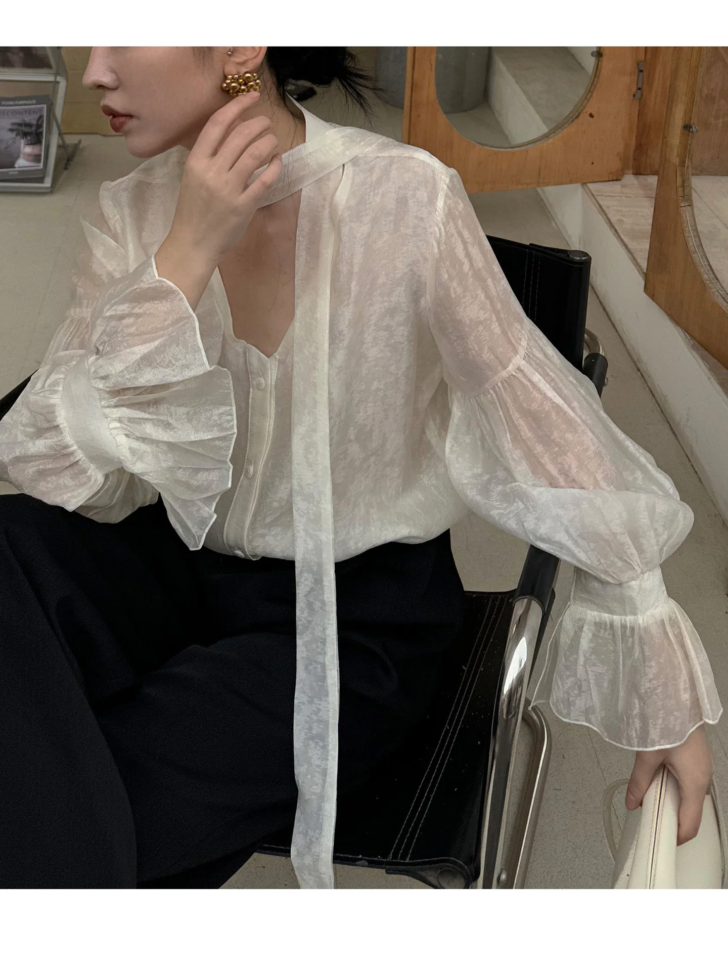 

LAMBO Lightweight Silken Shirt with Draped Lantern Sleeve And Asymmetrical Long Skirt Translucent Set Women's Fashion Ensemble