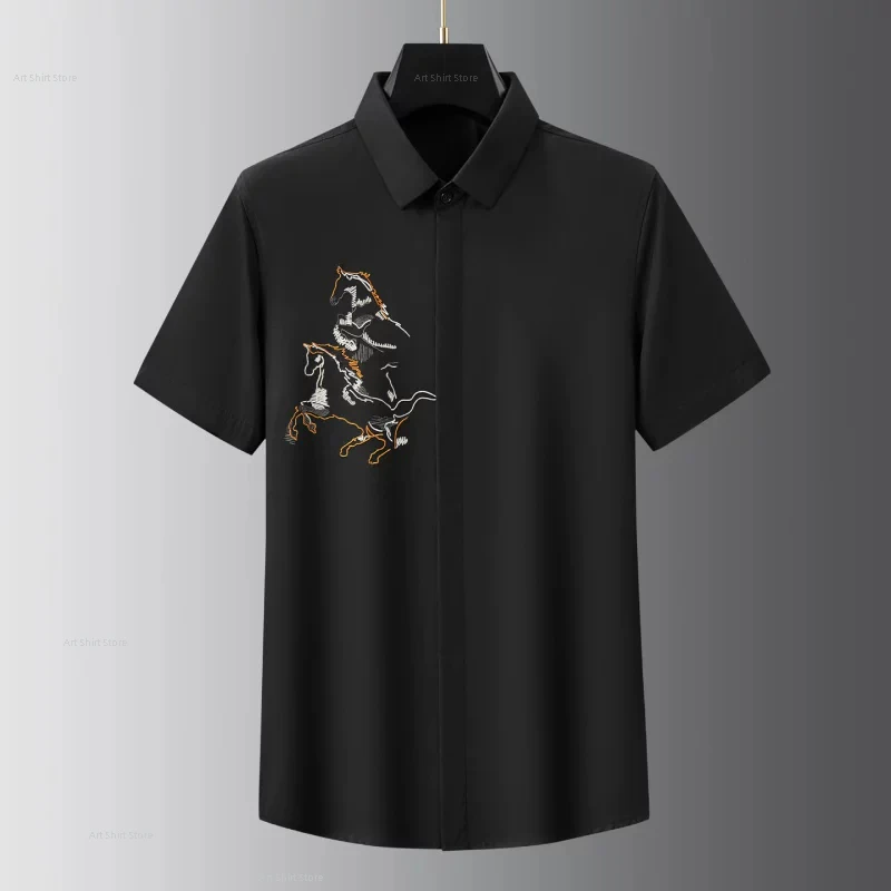 2026 High-end Fashionable Simple Shirt - Front Pegasus Print Men's Trendy Light Luxury Summer Slim-fitting Shirt
