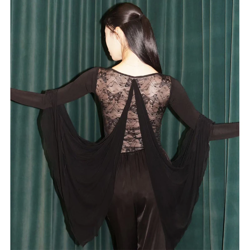 

Топы для латинских бальных танцев, черное кружевное боди с длинными рукавами для взрослых и женщин, одежда для сальсы, вальса, танцевальная практика, DNV25745