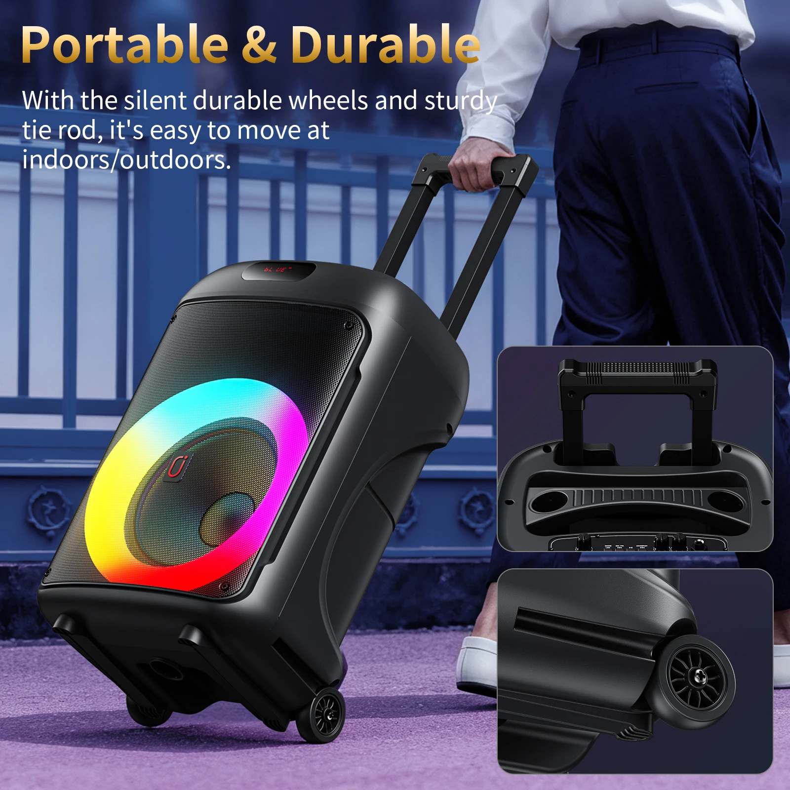 آلة الكاريوكي، مكبر صوت بلوتوث محمول كبير بقوة الذروة، نظام PA مع جهاز تحكم عن بعد، أضواء LED، عجلات دوارة وعربة #2
