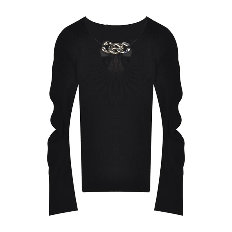 Women Metal Chain Long-sleeved Knitted Tops Autumn And Winter Knitted Sweater