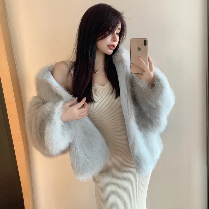 European Luxury Artificial Fur Coat Hooded Long Sleeves Faux Fox Fur Overcoat Batsleeves Cardigan Design with Buckels