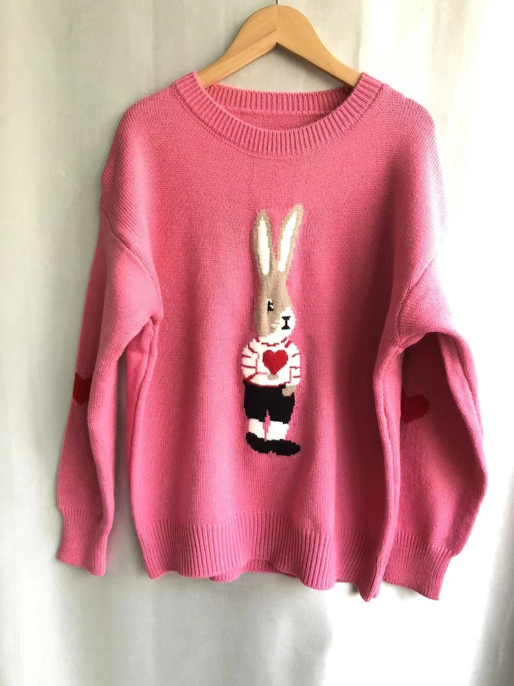 

Hikigawa Casual Kawaii Rabbits Heart Jacquard Women Sweaters O Neck Long Sleeve Knitted Top Pullovers Sweet All Match Jumpers