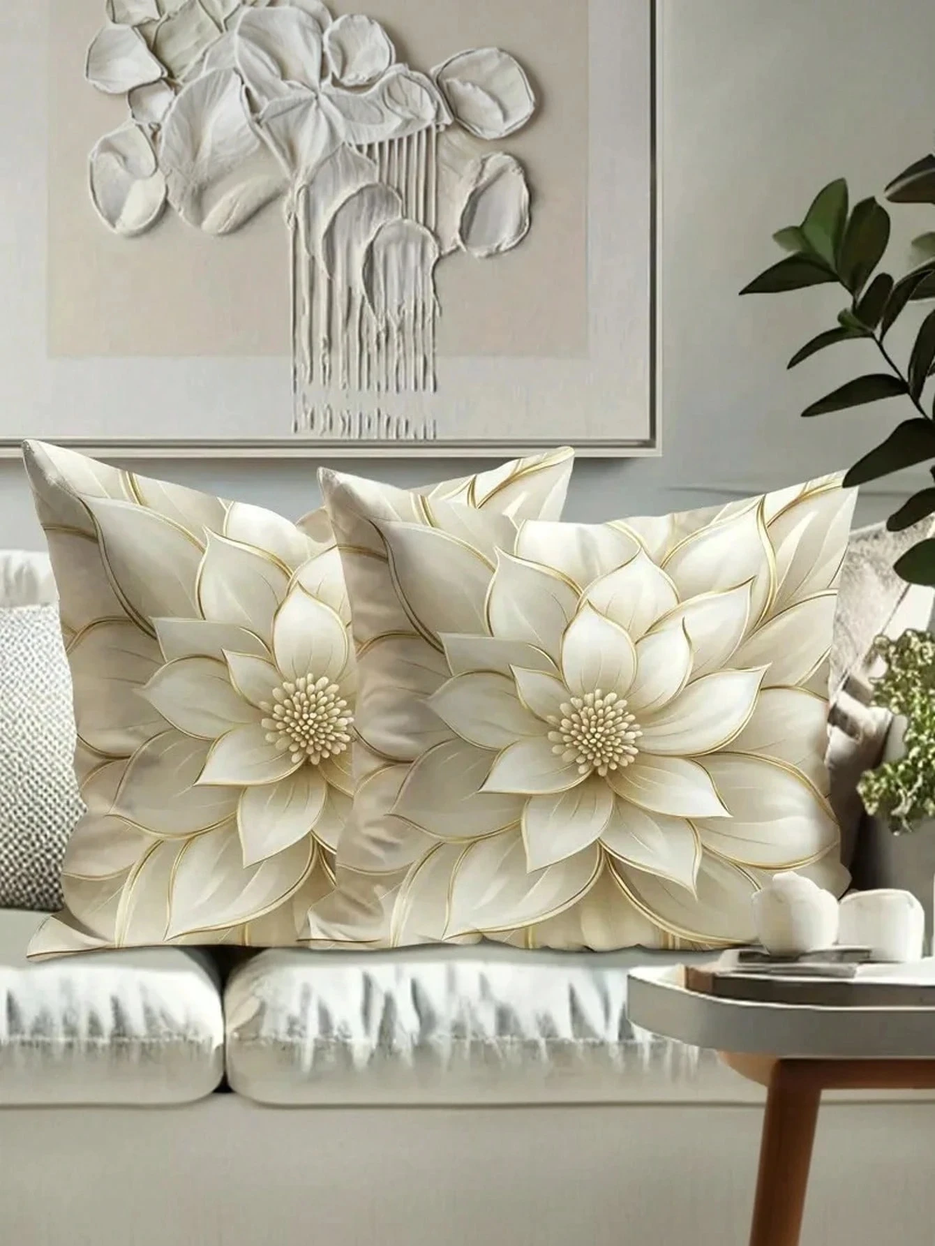 Elegant Ivory & Gold Floral Pillow Covers, Zipper Closure, Machine Washable, Perfect for Living Room, Bedroom, Sofa and Bed Deco
