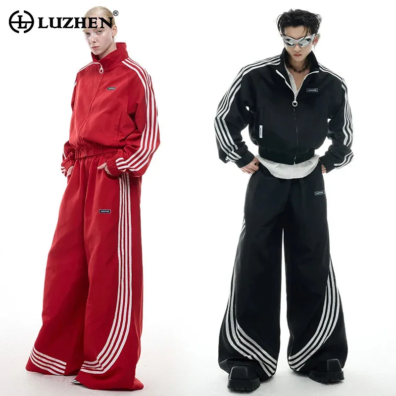 LUZHEN 2025 New Stripe Printed Baggy Wide Leg Street Sports Pants Men's Stylish Women's Couples Stand Neck Casual Jacket JY1403