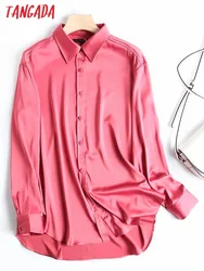 Tangada 2022 Women Classic Satin Shirt Turn Down Collar Long Sleeve Chic Female Casual Tops Blusas 4C29