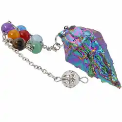 TUMBEELLUWA Rainbow Aura Titanium Coated Quartz Crystal Point 7 Chakra Beads Chain Healing Reiki Dowsing Pendulum