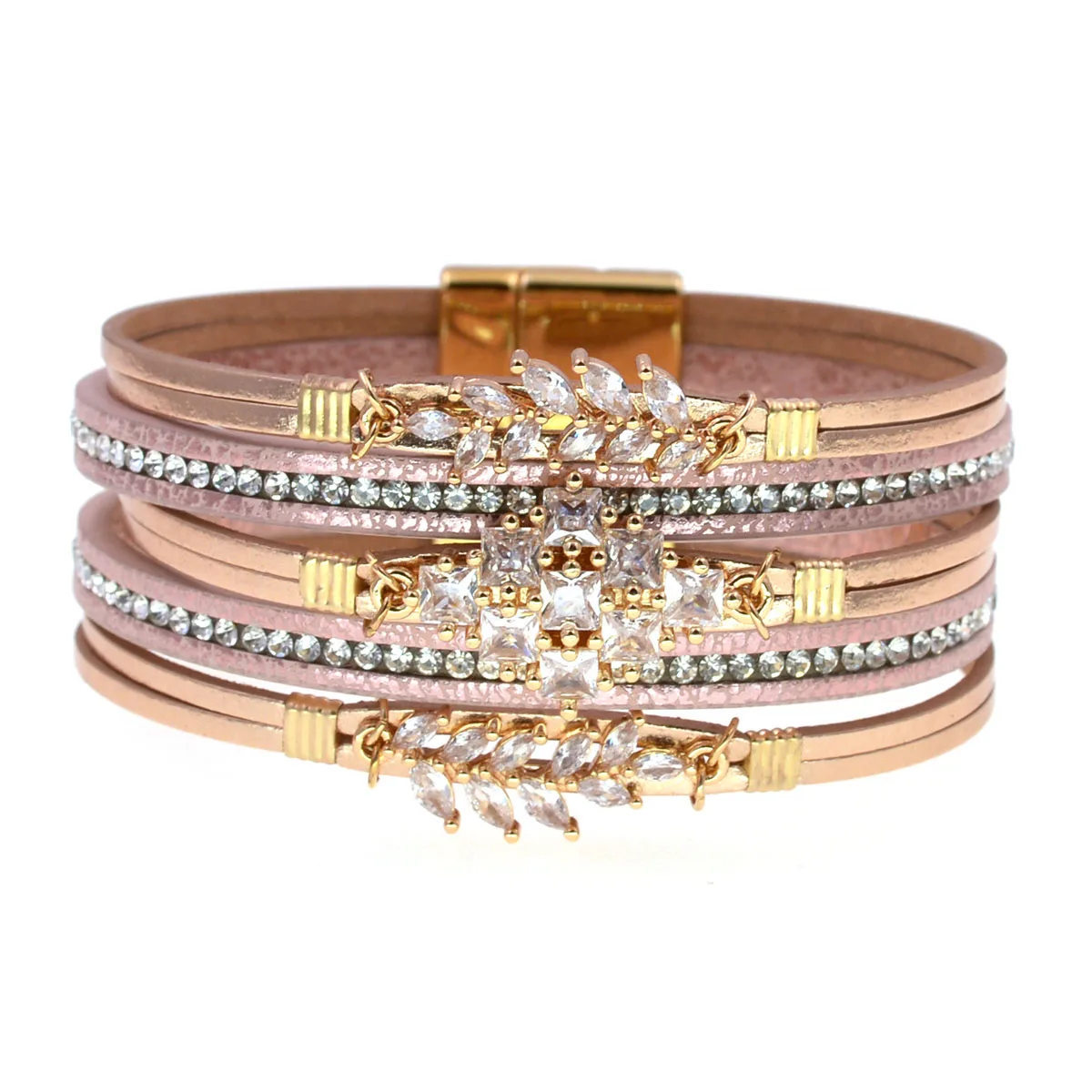 WELLMORE Glass Leaf Decorated Leather Bracelet for Women Wearing for Daily Leisure and Vacation Wrap Bracelet