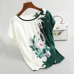 New Women Silk Satin Blouses Fashion Batwing sleeve Vintage Print Floral Blouse Ladies Casual Short sleeve Tops