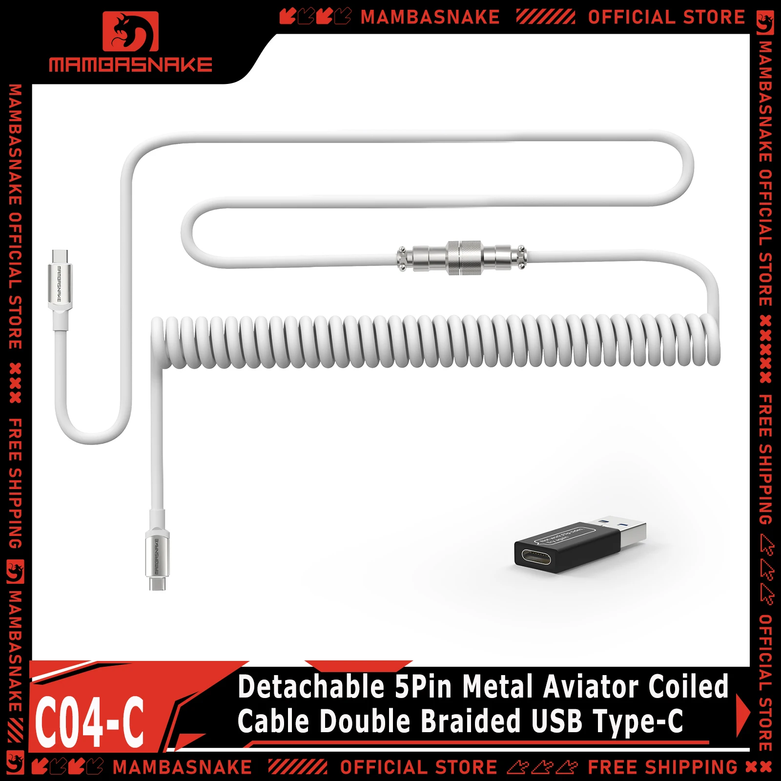 MAMBASNAKE C04-C Detachable 5Pin Metal Aviator Coiled Keyboard Cable Double Braided USB Type-C Spring Wire For Keyboard PC
