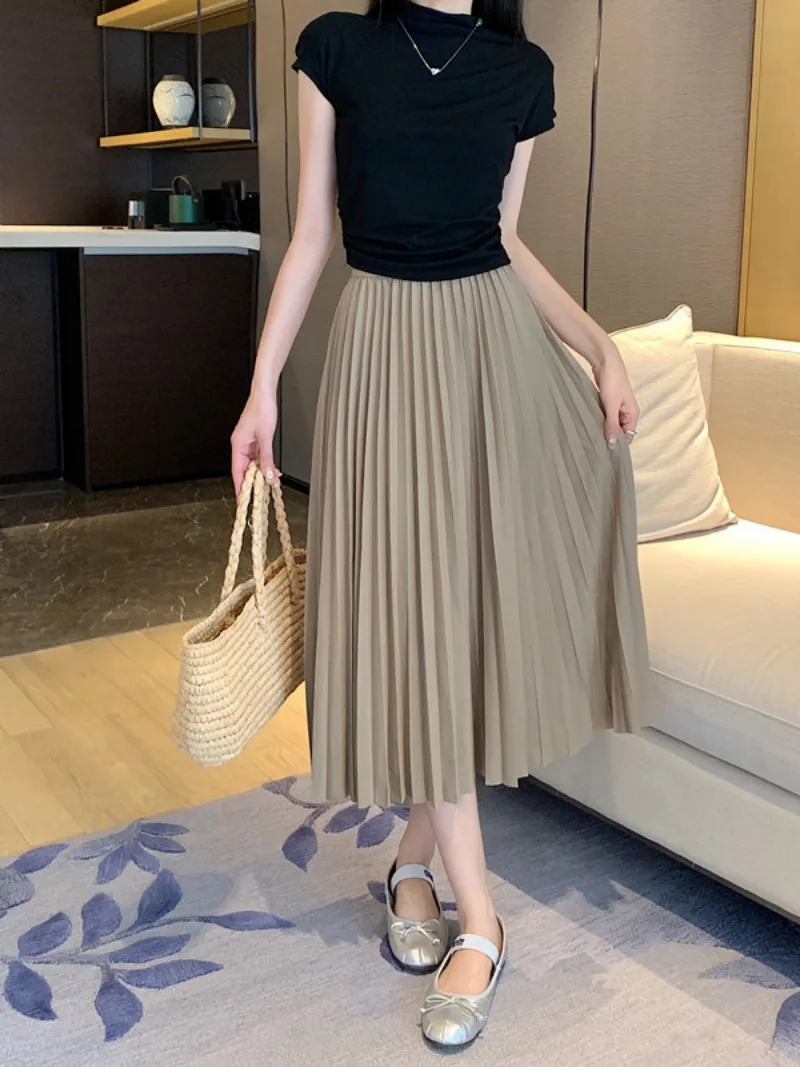 Summer Midi Long Pleated Skirt for Women Korean Style Elastic Waist A-line Skirts Student Female