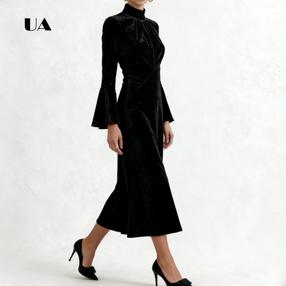 ULBYANRY Velvet A-line Prom Dress with Flare-cuff Sleeves, Solid Turtleneck Evening Dress, Keyhole Draped Customized Party Gown