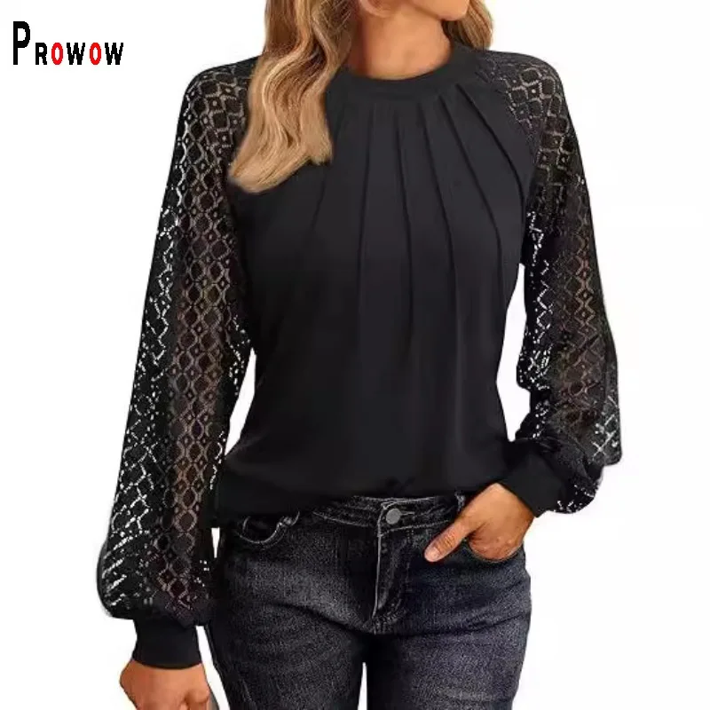 Prowow Casual Pink Women's Shirts Black Slim Fit Female Tops Clothes Hollow Long Sleeve Spring Black Pullovers Shirt Khaki